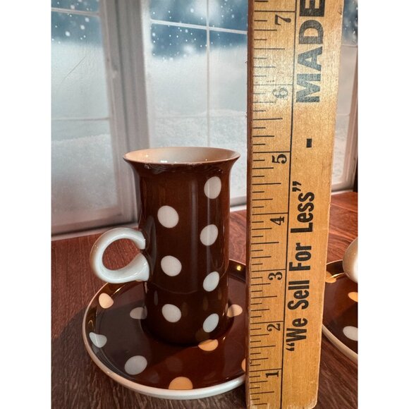 Set of 2 Fitz & Floyd Brown & White Polka Dot Espresso Cups and Saucers - Picture 4 of 11